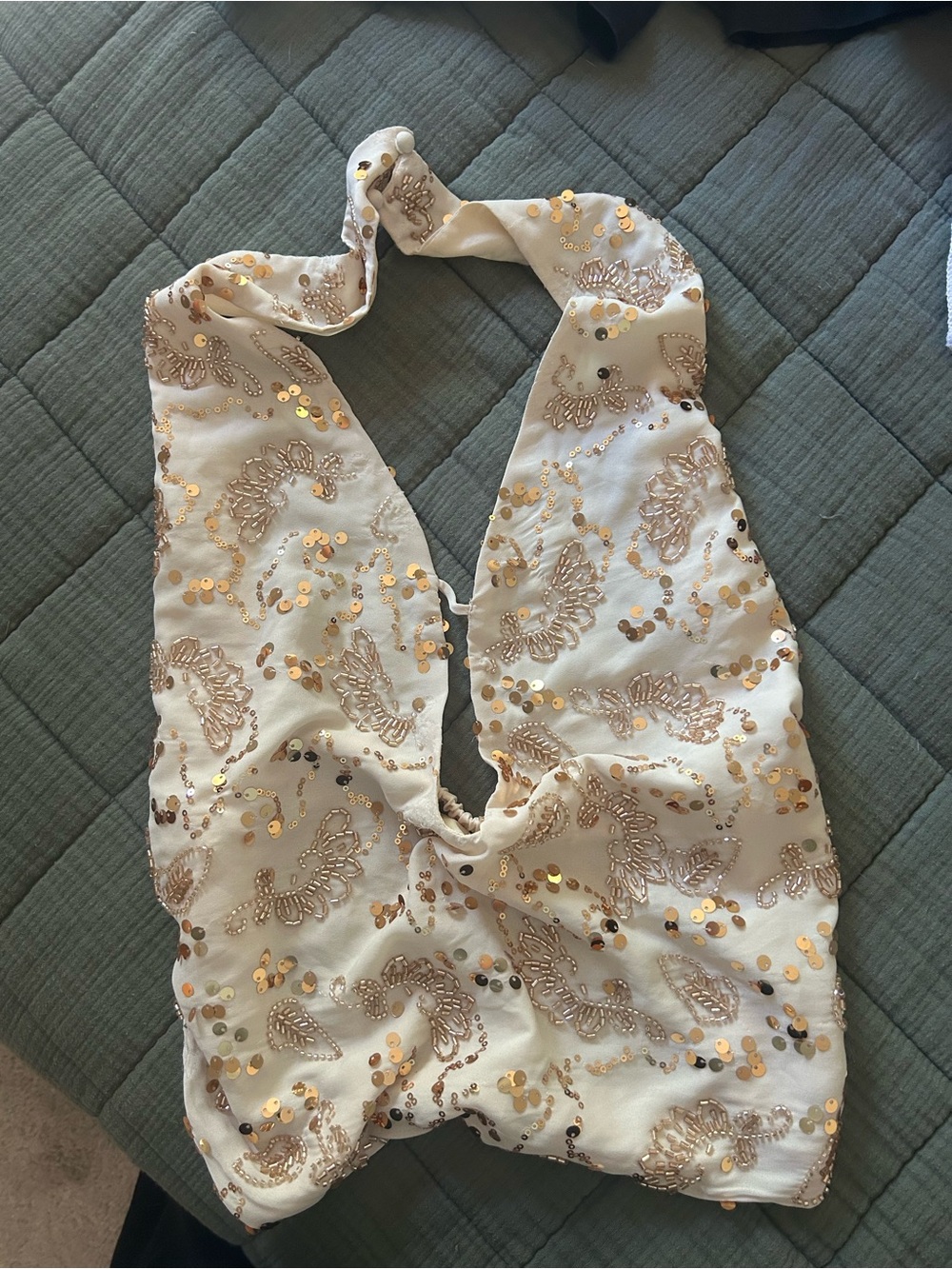 12th Tribe Cream Halter Top with Gold Sequin Accents